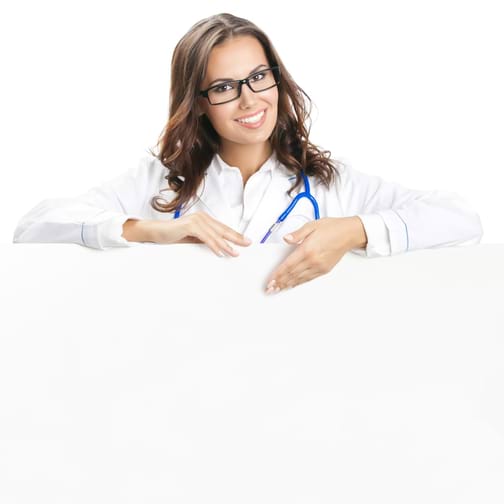 Brunette female doctor in lab coat with stethoscope over shoulders holding a white sign presenting list of specialties