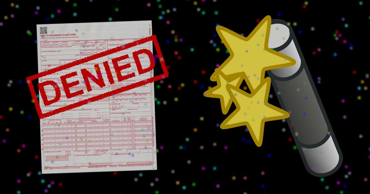 Claim form with denial stamped in bold red letters and magic wand on a background of magic dust